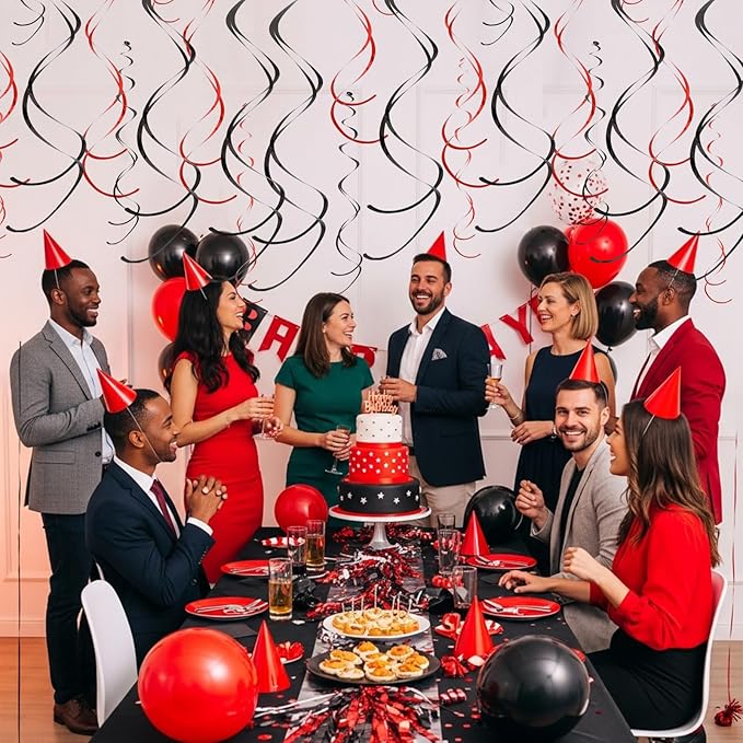 BEISHIDA Red Black Hanging Swirls Party Decorations Plastic Streamer for Ceiling, Mouse Theme Birthday Casino Graduation Hanging Party Supplies, Pack of 20
