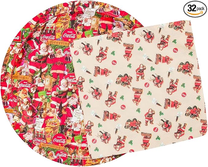 Silver Buffalo Coca-Cola Vintage Santa Christmas Collage 32 Pack Partyware Disposable Paper Plates and Napkins