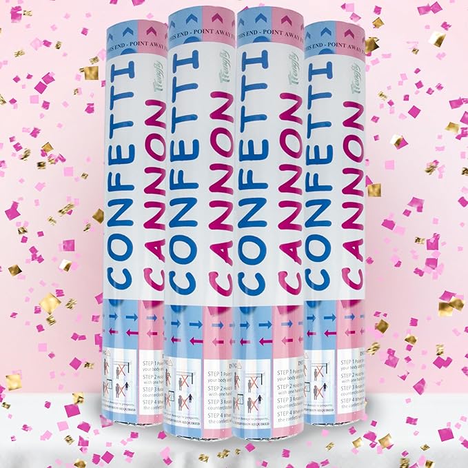 4 Pack Gender Reveal Confetti Cannon, 12 in Pink Square Shaped Paper Party Poppers Cannons, Confetti Poppers For Baby Boy Girl Gender Reveal Baby Showers (Square, Pink)