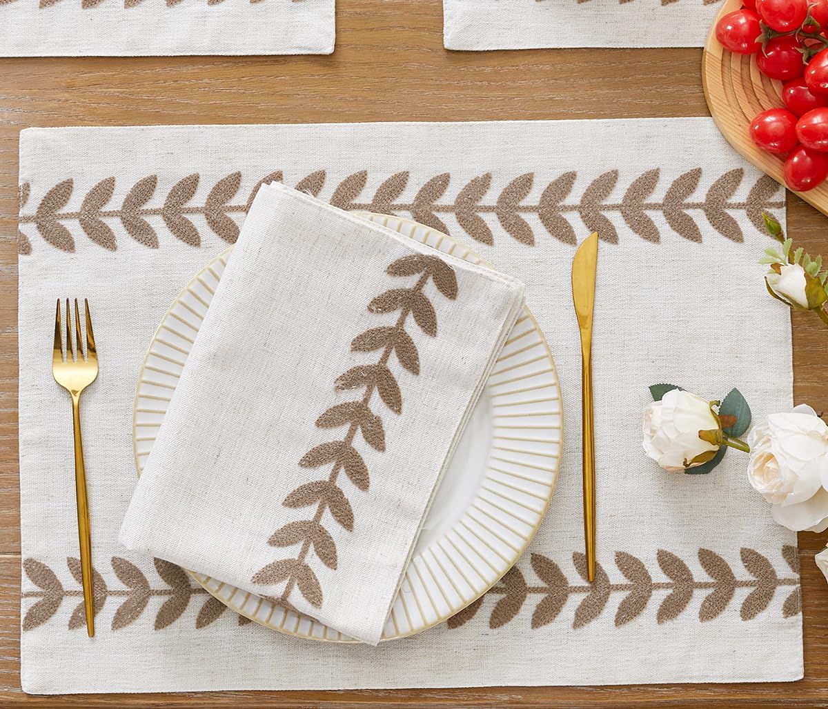 Wracra Embroidered Placemats, 13 x 18 Inch Set of 4 Placemats, Irregular Willow Rustic Place Mats for Kitchen Table and Heat Resistant, Taupe 4PCS