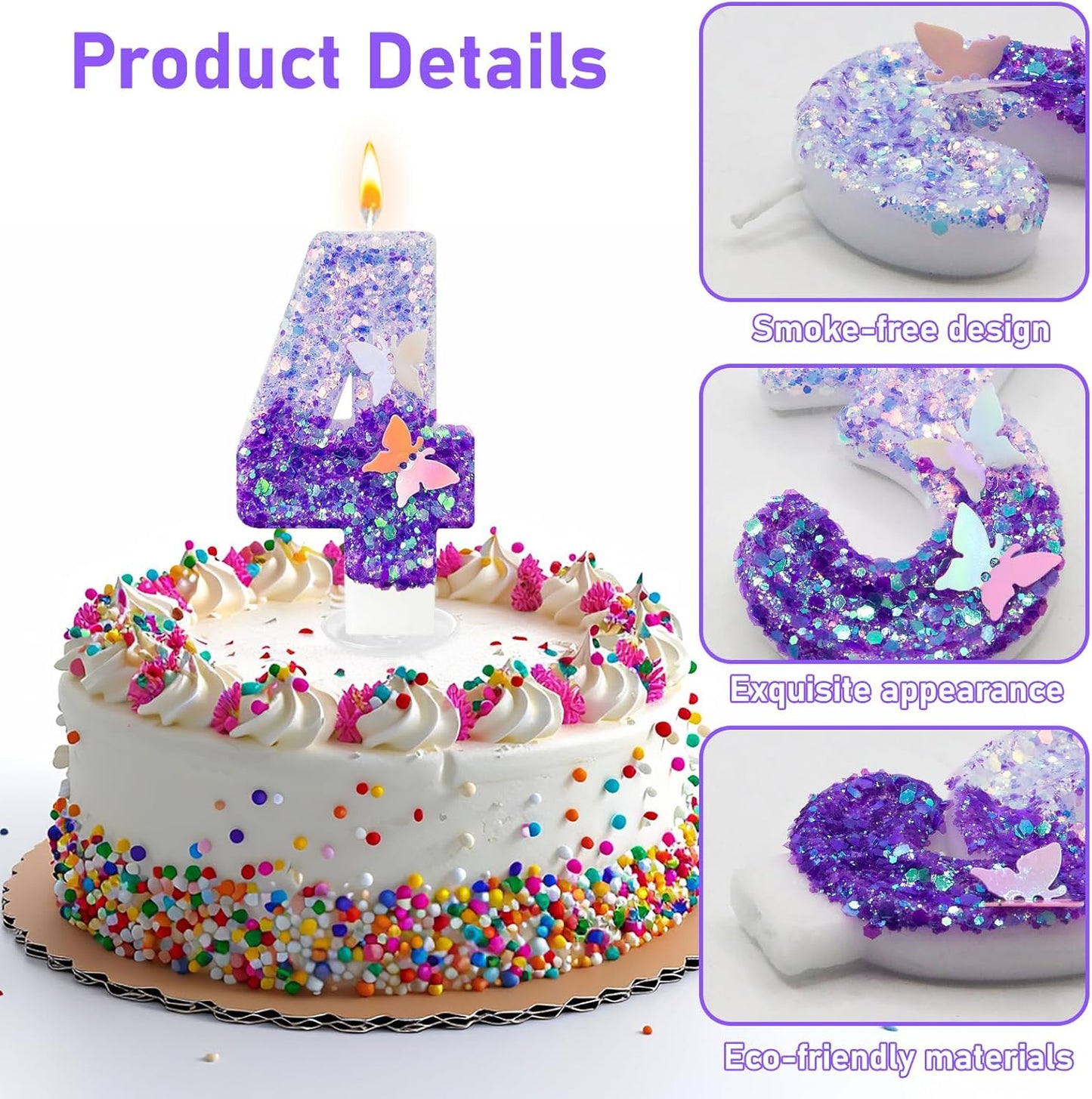 4Th Birthday Candle for Cake，Butterfly Cake Toppers，Butterfly Birthday Decorations，Purple Birthday Candles，for Birthdays,Theme Parties, Celebration, Anniversary