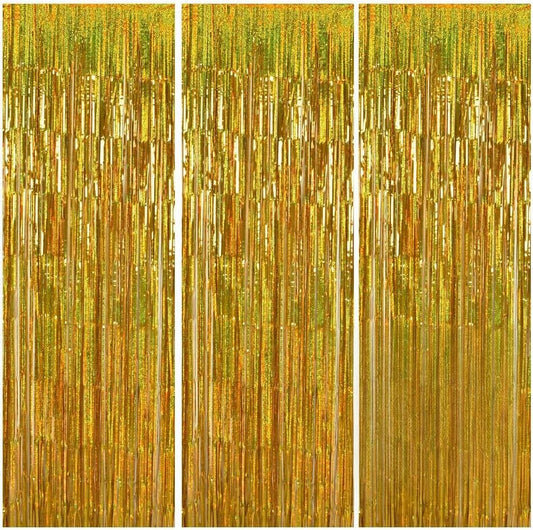TONIFUL 3Pcs Laser Gold Door Streamers, Metallic Foil Fringe Curtains for Birthday, Christmas, New Year, Bachelorette, Graduation Parties (9.9ft x 6.6ft)