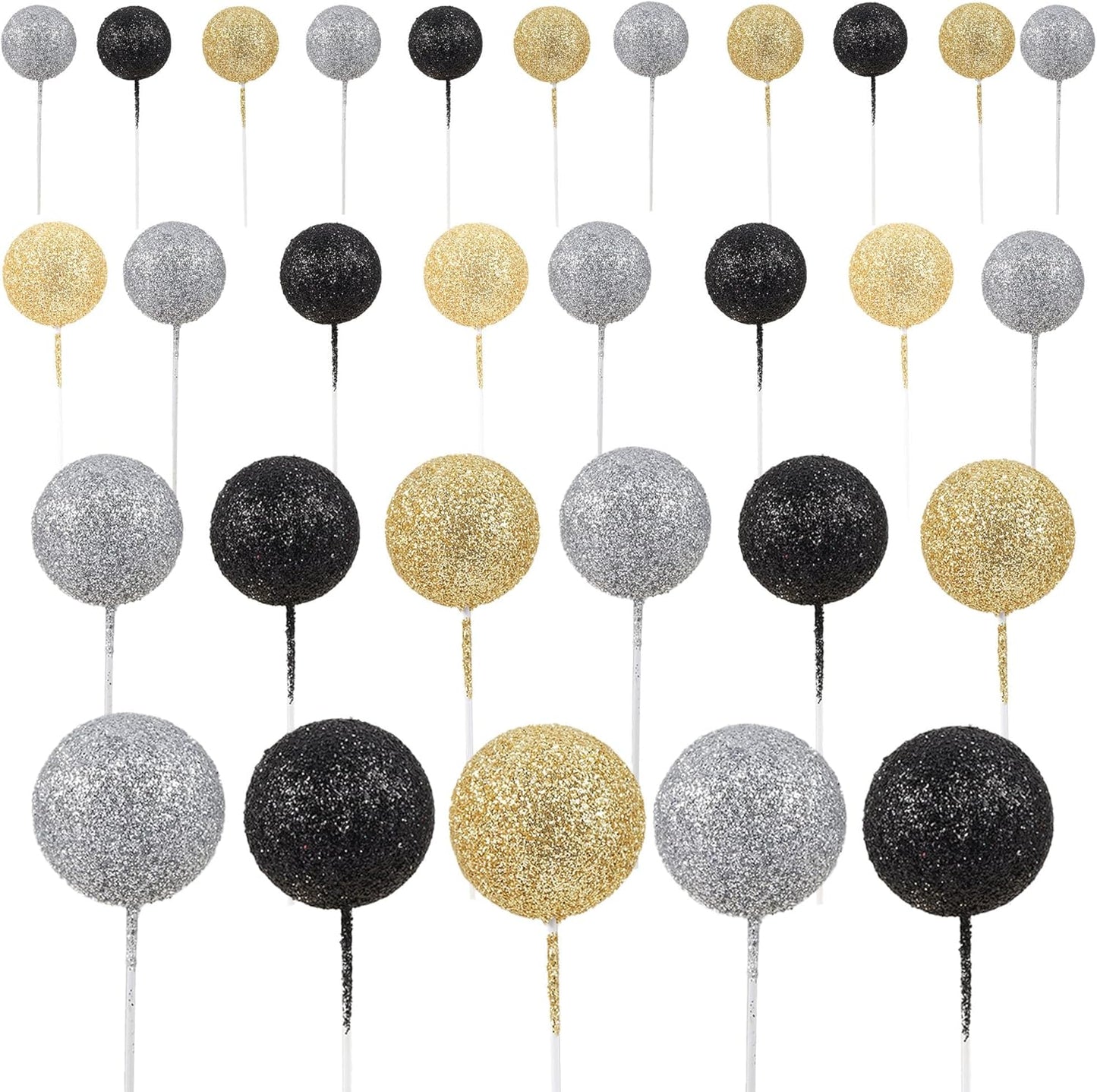 30Pcs Glitter Balls Cake Topper Mini Balloons Cupcake Topper DIY Cake Insert Topper Foam Cake Balls Baking Decoration for Baby Shower Wedding Anniversary Kids Birthday Graduation Party Cake Decorations Gold Black Silver