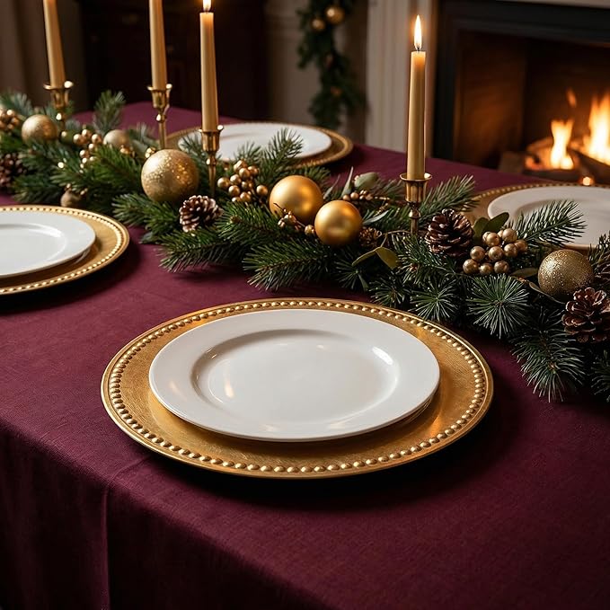 Antique Gold Charger Plates,13 Inch Vintage Dinner Plate Chargers Round Server Ware.Set of 6 Plastic Beaded Chargers for Dinner Plates, Party, Wedding(Gold)