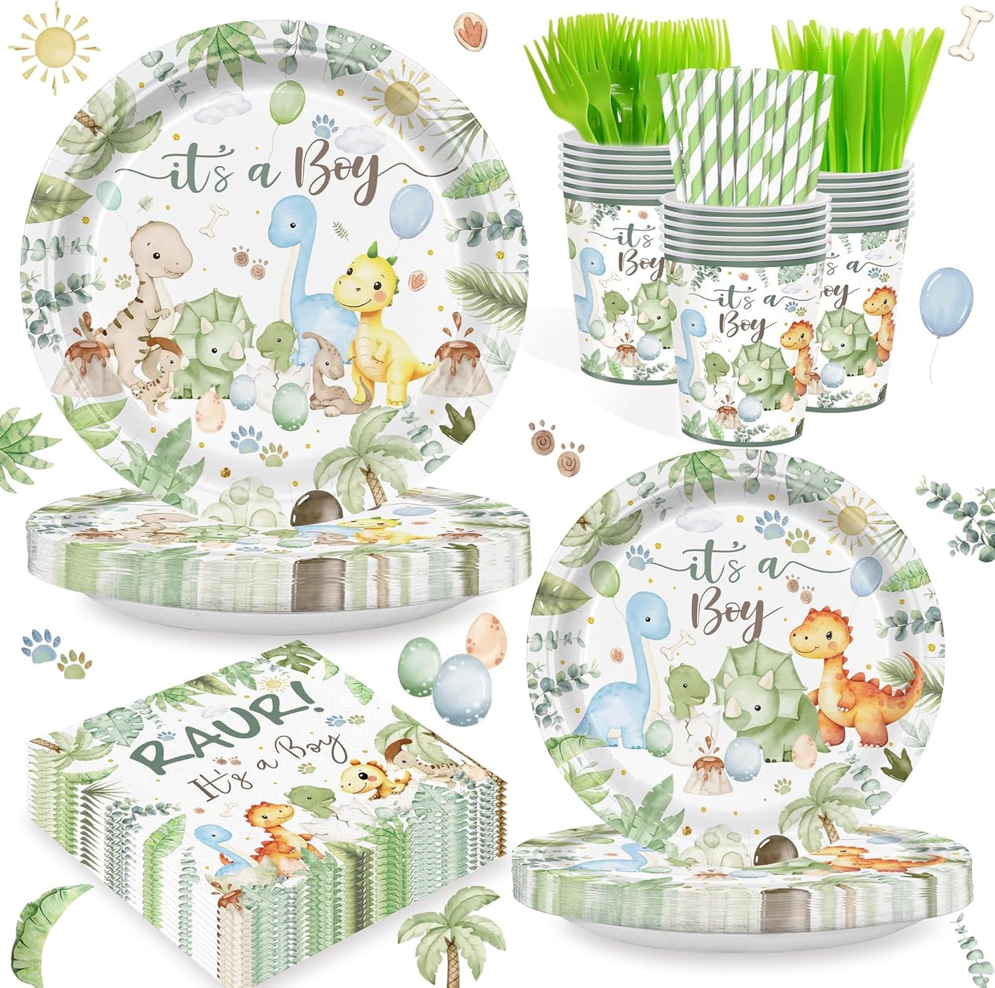 168PCS Watercolor Dinosaur Party Supllies for Kids Cartoon Dino Birthday Party Decorations Plates Cups Napkins Cups Forks Knives and Straws Tableware Set for 24 Guests