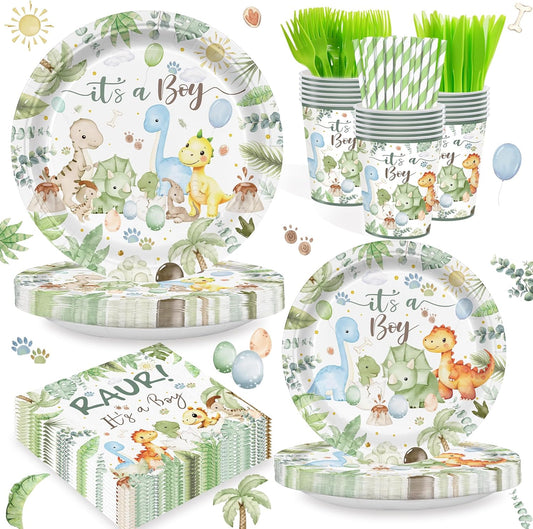 168PCS Watercolor Dinosaur Party Supllies for Kids Cartoon Dino Birthday Party Decorations Plates Cups Napkins Cups Forks Knives and Straws Tableware Set for 24 Guests
