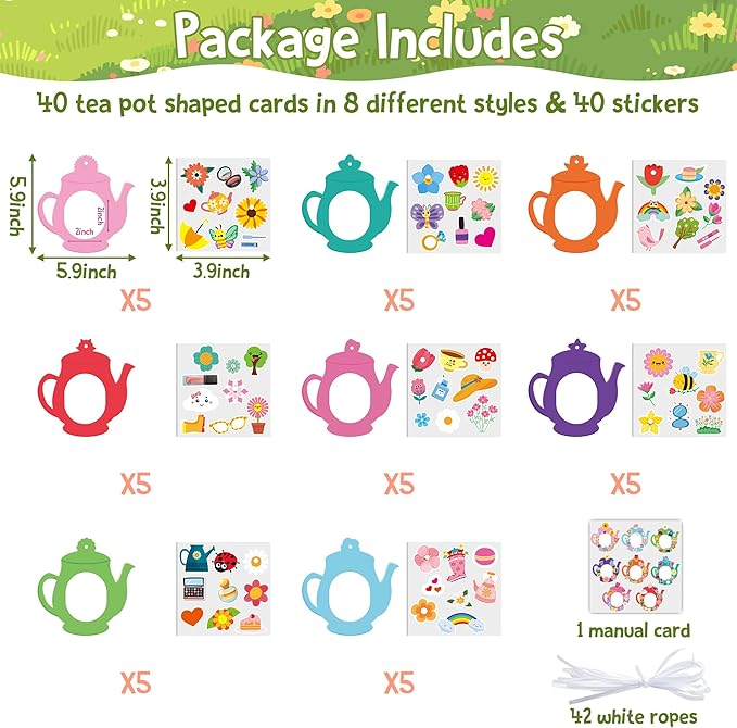 3sscha 40 Packs Tea Pot Shaped Craft Kit for Kids - Make Your Own Spring Flower Card DIY Picture Frame Self-Adhesive Sticker Handmade Artwork Decor Mother's Day Home Classroom Activity Party Favor