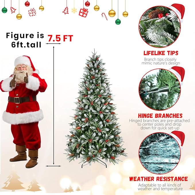 7.5FT Frosted Artificial Christmas Tree with 2514 PE+PVC Branch Tips, Realistic Unlit Christmas Tree with Red Berry and Pine Cone, Memory Wire Hinged Full Xmas Tree with Metal Base for Party, Holiday