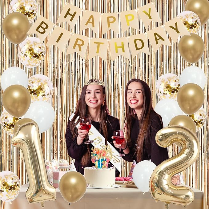 Trgowaul 12th Birthday Decorations for Girls, Banner, Sash and Crown, Cake Topper, 12 Number Balloon, Fringe Curtains, Champagne Gold 12th Birthday Party Supplies