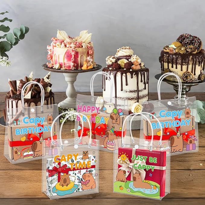 H1vojoxo Capybara Birthday Gift Bags - 24PCS Capybara Clear PVC Gift Bags with Handle 7.9x3.2x7.9 Inches Reusable Capy Time PVC Gifts Wrap Bag Just Be Cappy Tote Bag for Birthday Party Favor Supplies