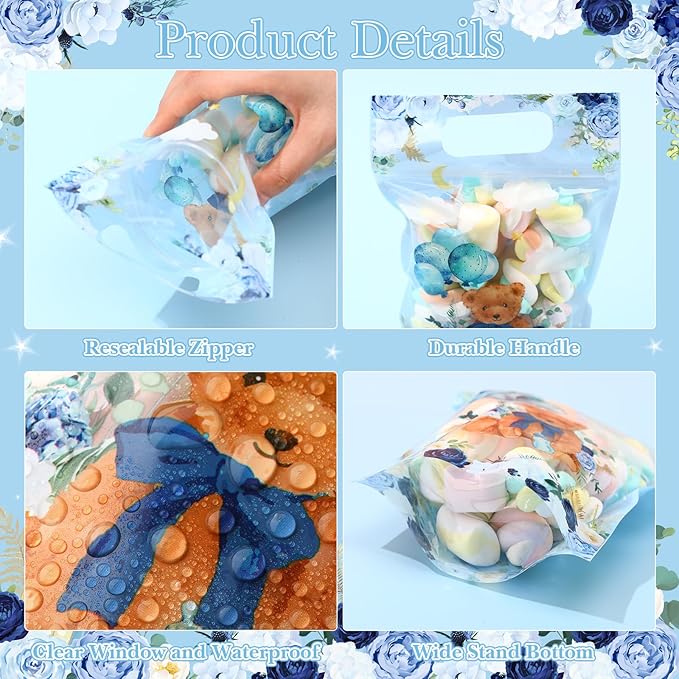Blosssound 50 Pcs Bear Party Gift Bags Resealable Blue Baby Shower Plastic Bags Plastic Boy Bear Favor Pouches with Handles for Baby Shower Birthday Party Candy Gift Wrapping Supplies Decor