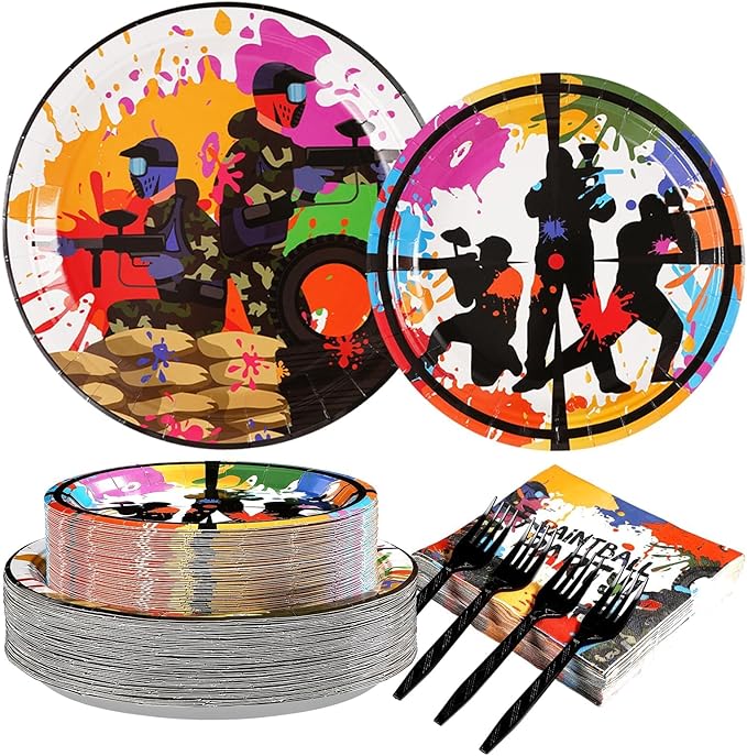 Grencian 200Pcs Paintball Party Supplies Paintball Neon Paper Plates and Napkins Paint Splatter Tableware Sets Paint Ball Gun Shooting for Kids Boys Holiday Birthday Party Supplies Serves 50