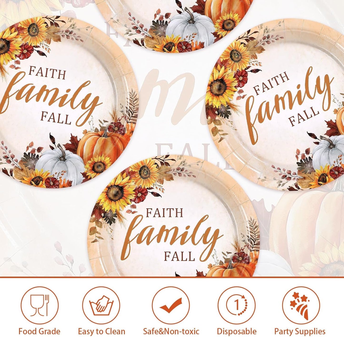 Grencian 50Pcs Fall Faith Family Party Plates 9in Disposable Heavy Duty Fall Pumpkin Sunflower Desert Paper Plates for Autumn Thanksgiving Harvest Reunion Party Decorations Serve 50