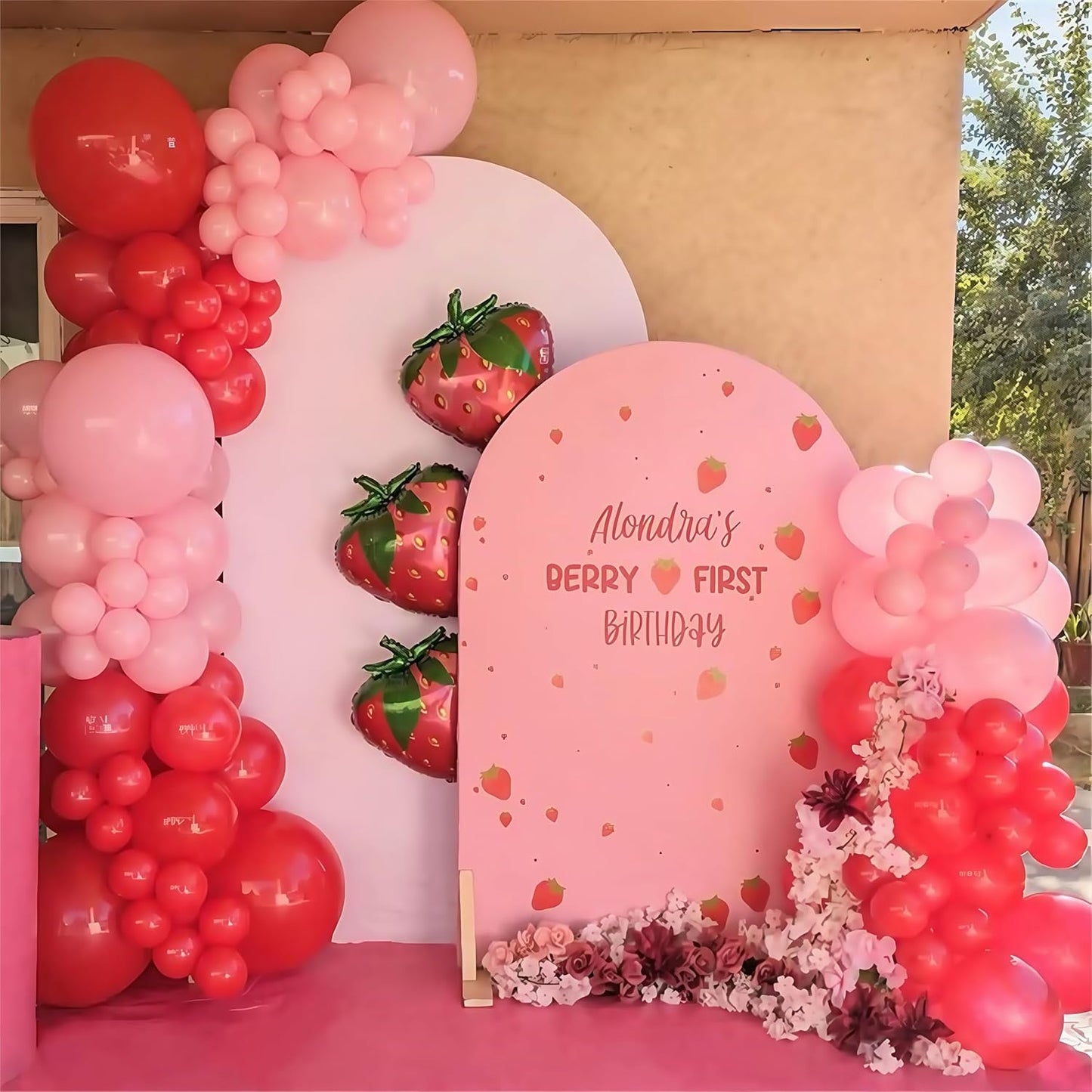 Strawberry Balloon Arch Garland Kit, Red and Hot Pink Balloons with Strawberry Printed and Green Long Latex Balloons for Girls Sweet One Berry First Birthday Baby Shower Princess Decoration Supplies
