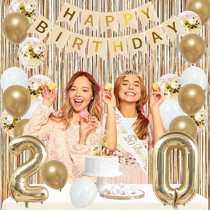 Trgowaul Happy 20th Birthday Decorations for Girls, Banner, Sash and Crown, Cake Topper, 20 Number Balloon, Fringe Curtains, Champagne Gold 20th Birthday Party Supplies