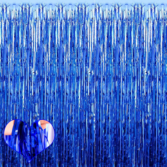 4 Pack Blue Fringe Curtain Backdrop, 3.2Ft x 6.6Ft Metallic Tinsel Foil Fringe Streamers Background for Photo Booth Birthday Wedding Baby Shower Easter Shark Pool Ocean Underwater Party Decorations