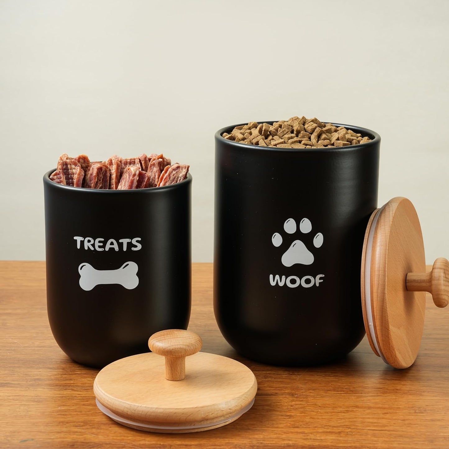 Dog Treat Container Set of 2, Dog treat jar with Airtight Lid, Small dog food container, Dog Cookie Jar for kitchen Counter, Treats Canister, Pet Treat Container 8.3x4.9 & 7.1x4.3 (Black)