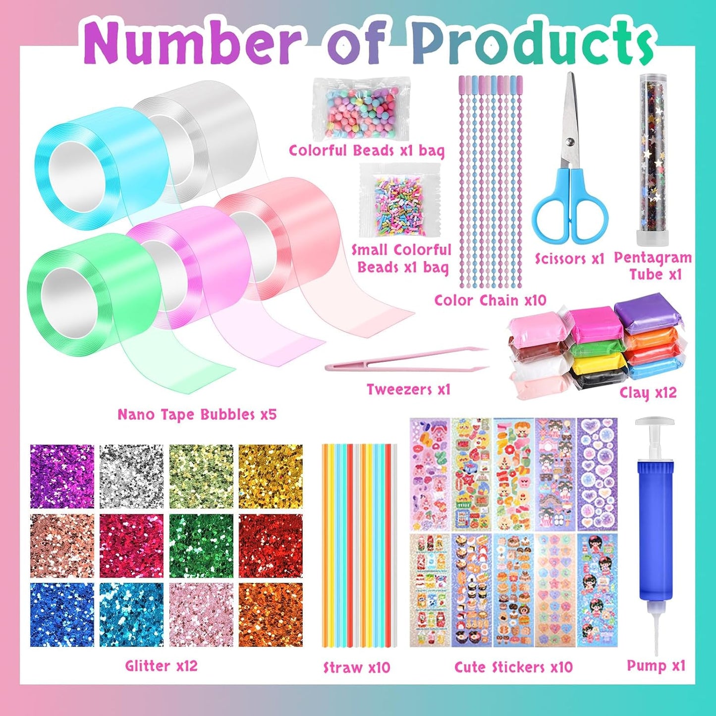 Needbrock 5 Pcs Nano Tape Bubble Kit,1m/3.28 ft Each Roll Nano Tape Bubbles Double Sided Tapes with Luxe Glitter, Clay, Beads, Cute Stickes Suitable for Over 3 Years Old