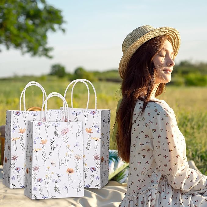 Marspark 24 Pcs Wildflower Paper Gift Bags for Wedding Bridal Baby Shower Engagement Birthday Party Supplies Floral Treat Bag with Handles Candy Goodie Bags for Guests, 8.3'' x 5.9'' x 3.1''