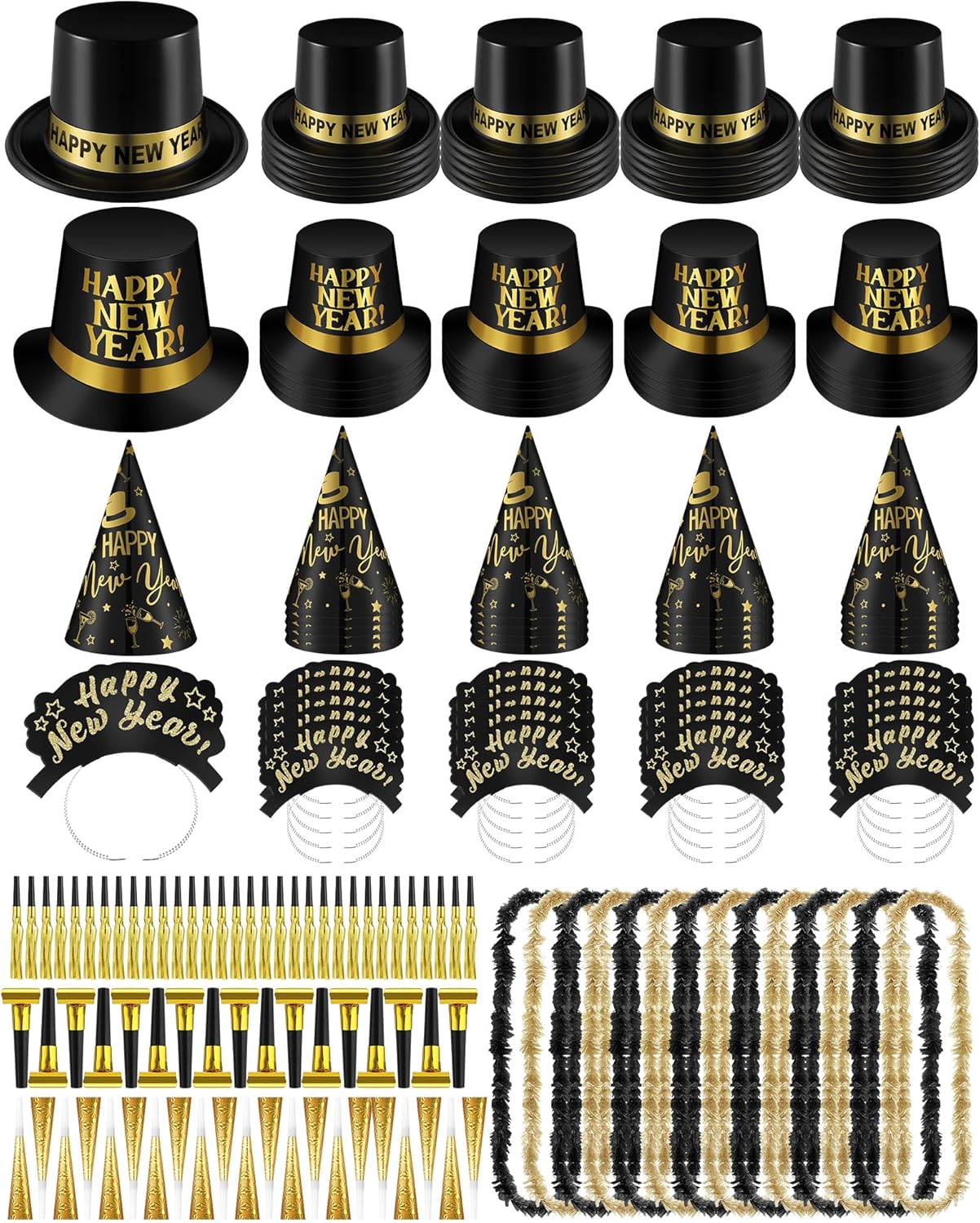 Cuffbow 300 Pcs 2026 New Years Eve Party Supplies Include Happy New Year Cone Hat Headband Tiara Metallic Fringed Party Blowers Noise Makers Horns Leis Hair Hoop Favors Decorations(Black Gold)