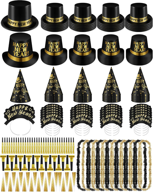 Cuffbow 300 Pcs 2026 New Years Eve Party Supplies Include Happy New Year Cone Hat Headband Tiara Metallic Fringed Party Blowers Noise Makers Horns Leis Hair Hoop Favors Decorations(Black Gold)