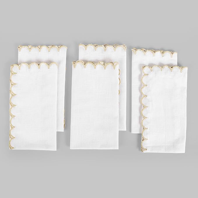 FINGERCRAFT Cloth Napkins, Everyday Use Scallop Design, Premium Quality Natural Cotton Napkin Set of 6 Perfect for Parties Dinners Weddings Easter Napkin Cloth 20x20 inch White/Beige