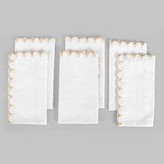 FINGERCRAFT Cloth Napkins, Everyday Use Scallop Design, Premium Quality Natural Cotton Napkin Set of 6 Perfect for Parties Dinners Weddings Easter Napkin Cloth 20x20 inch White/Beige