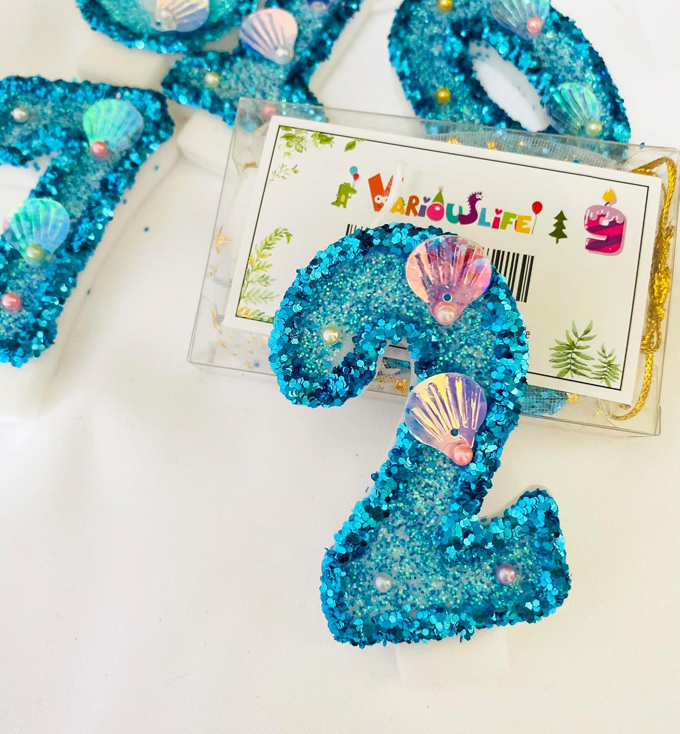 Blue Number Candle,Shell Sequins Number Candles for Birthday Cakes Mermaid Themed Party Supplies Number 2 Candle