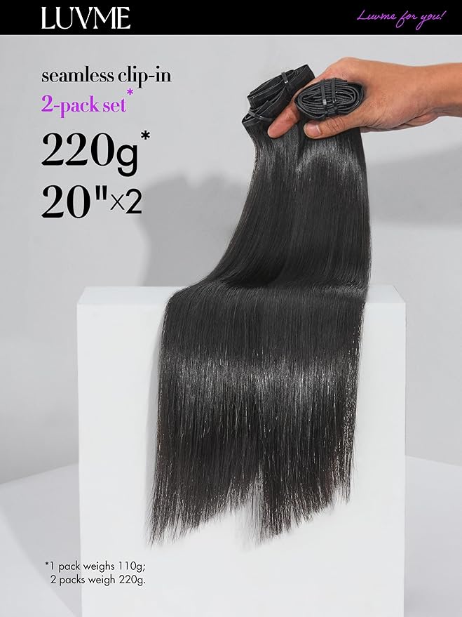 LUVME Silky Straight Seamless Clip in Hair Extensions 2 Pack 220g, 16 Inch Natural Black, 100% Real Remy Human Hair, Soft Full Volume, Easy Clip Ins for Daily Wear, Work, Parties & Weddings