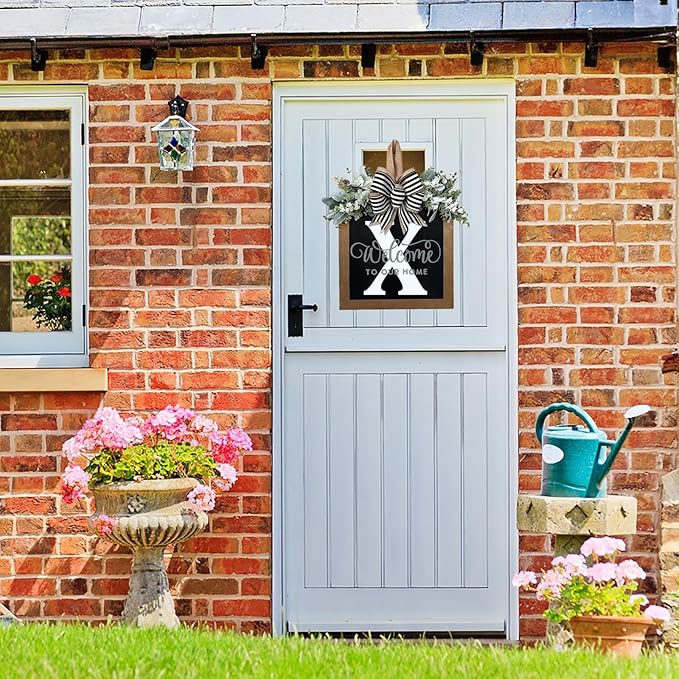 Last Name Year Round Front Door Wreath Front Porch Decoration 26 Letter Welcome Sign with Eucalyptus Garland and Bow Spring Wreaths for Front Door Outside Hanger Garland（X）