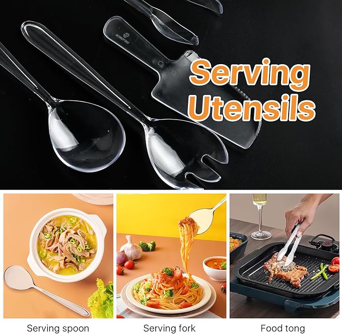 Boocalny 24 Pcs Plastic Serving Utensils, Clear Disposable Utensils,6 Pcs Each 9.7" Serving Spoons, 9.7" Forks, 6.3" Tongs and 7" Cake Cutter,Plastic Buffet Cutlery Set for Serving Food Birthday Party