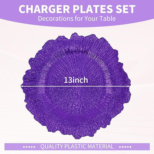 24 Pcs Purple Charger Plates Bulk 13 Inch Plastic Charger Plates for Dinner Plate, Purple Chargers for Table Setting, Reef Design Plate Floral Decorative Round Chargers for Wedding Party Event