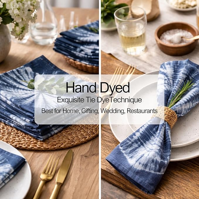 FINGERCRAFT Cloth Napkins Set of 6 Cotton Blend Tie Dye 20x20 Inch Large Size Dinner Napkins Cloth Perfect for Parties Dinners Weddings Cocktail Christmas Easter Royal Blue Circle