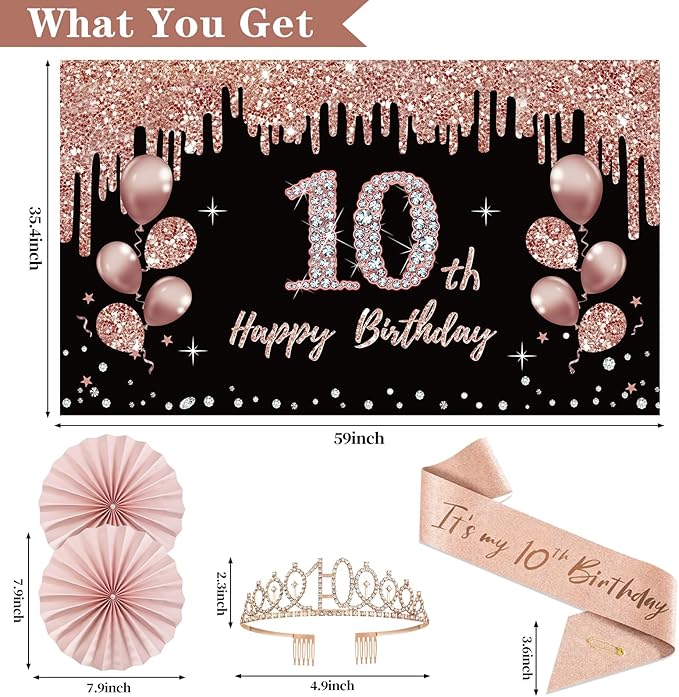 10th Birthday Decorations for Girl, 33pcs Black Rose Gold Happy 10th Birthday Banner 10 Birthday Crown and Sash Balloons Backdrop Hanging Swirls Paper Fans, 10 Years Old Party Supplies Kit