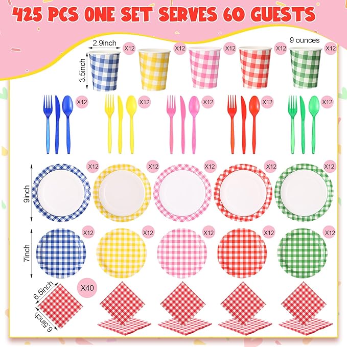 425 Pcs Disposable Gingham Party Supplies Set for 60 Guests - Plaid Paper Plates, Cups, Napkins, Forks, Spoons, Knives & Tablecloth, All-in-One Birthday, BBQ, Picnic, Thanksgiving Dinnerware Kit