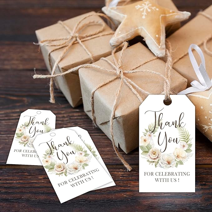 Floral Paper Gift Tags with String, 50Pcs Thank You for Celebrating with Us Tag, Gift Labels for Birthday Party Baby Bridal Shower Wedding Favor, Botanical Leaves Print-A18