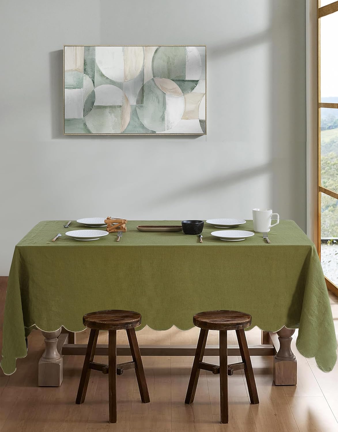 100% French Flax Linen Tablecloths Scalloped Embroidery Rectangle 84Lx60W Inch for Dinners, Parties, Spring, Easter, Machine Washable, 6-8 Sets, Olive Green(Edges-Gold)