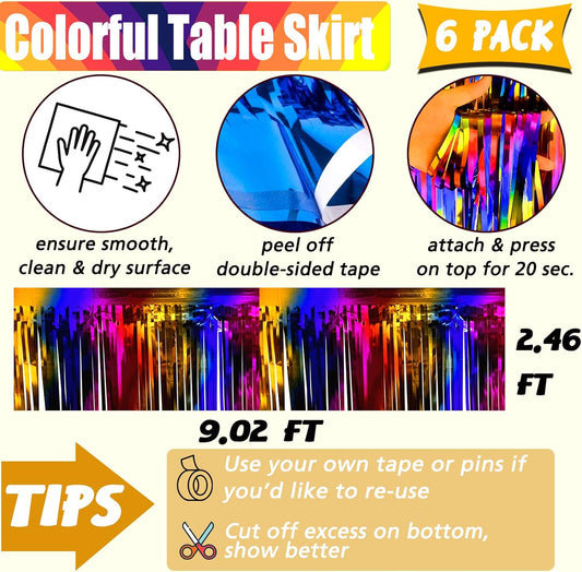 6 Pack 29x108 Inch Rainbow Metallic Foil Fringe Table Skirts Banner for Tinsel Streamer Garland Curtains Backdrop for Parade Floats Wedding Baby Shower Birthday Christmas Halloween Party Decoration