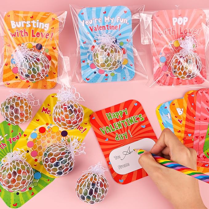 24 Pack Valentines Day Gifts for Kids Classroom Fidget Stress Balls with Valentines Cards Stress Relief Toys Squeeze Ball for Kids Boys Girls School Exchange Cards Gifts Valentines Party Favors Prizes