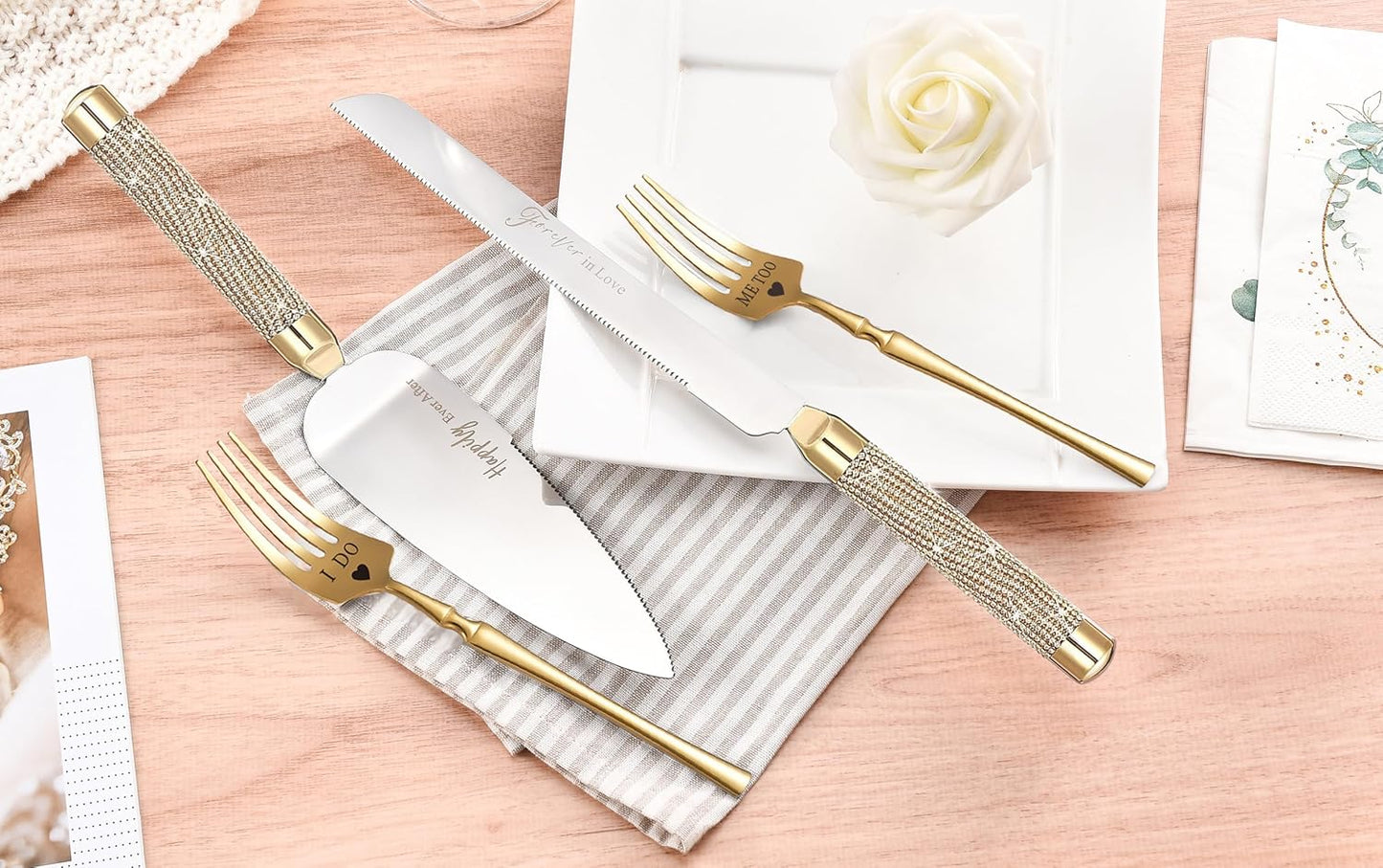 ROXBURGH Wedding Cake Knife and Server Set, 420 Stainless Steel Gold Cake Cutter and Pie Server Slicer, Rhinestones Studded Handle Cutting Set for Wedding, Engagement Present for Groom and Bride