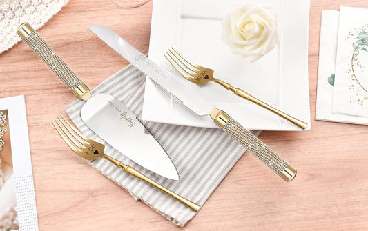ROXBURGH Wedding Cake Knife and Server Set, 420 Stainless Steel Gold Cake Cutter and Pie Server Slicer, Rhinestones Studded Handle Cutting Set for Wedding, Engagement Present for Groom and Bride