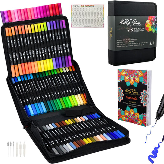 Dual Tip Brush Art Marker Pens, 80 Unique Bright Color, Water-Based Ink, Fineliner & Brush Tip Pens for Arts Lovers Coloring Drawing Book, Calligraphy Writing, Sketching and Doodling