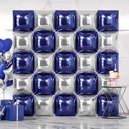 NISOCY 25PCS Blue Silver Square Foil Balloons Wall Backdrop Double Sided Navy Blue Silver Balloons Arch Kit for New Year Birthday Graduation Wedding Baby Bridal Shower Anniversary Party Decorations