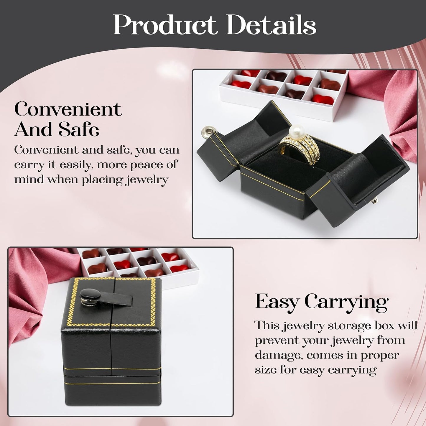 Novel Box 2 Door Black Jewelry Box for Rings 2x1.75x1.4 Inches - Double Door Ring Gift Boxes with Gold Trim - Faux Leatherette Ring Storage Case - Gift Presentation Cases for Rings Only