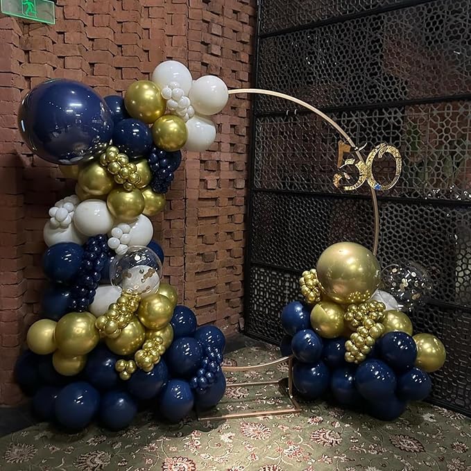 Blue and Gold Balloons Arch Garland Kit, 134pcs Navy Blue Gold White Balloons with Different Size for Graduation, Birthday, Anniversary Party Decorations