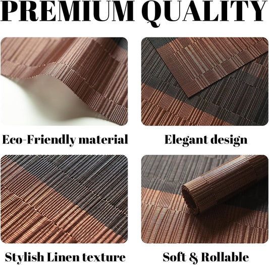 Placemats Set of 8 Vinyl/Plastic Woven Place Mats for Kitchen Table Indoor/Outdoor Washable Placemat Wipeable Dining Table Mats (Ombre Brown Black,8)
