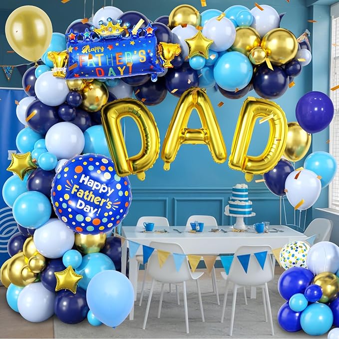 Father's Day Balloon Arch, Navy Blue Metallic Gold Light Blue Balloon Garland Kit with Large Dad Party Balloons, Dad Letter Foil Balloons for Father's Day Party Decorations