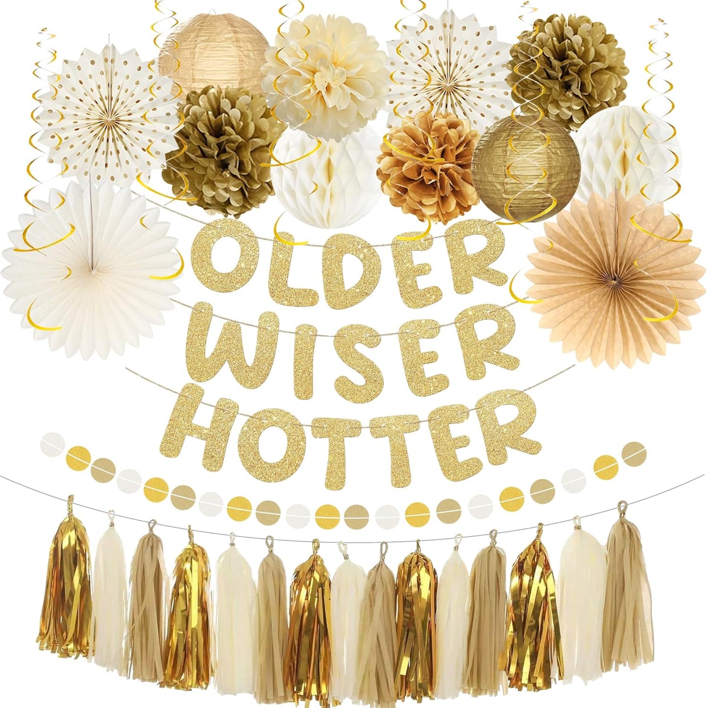 Roetyce Birthday Party Decorations, Gold Glitter Older Wiser Hotter Banner Photo Background for Women Men, Funny Happy Birthday Backdrop Decor, 30th 40th 50th 60th 70th 80th Party Supplies