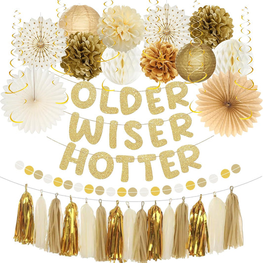 Roetyce Birthday Party Decorations, Gold Glitter Older Wiser Hotter Banner Photo Background for Women Men, Funny Happy Birthday Backdrop Decor, 30th 40th 50th 60th 70th 80th Party Supplies