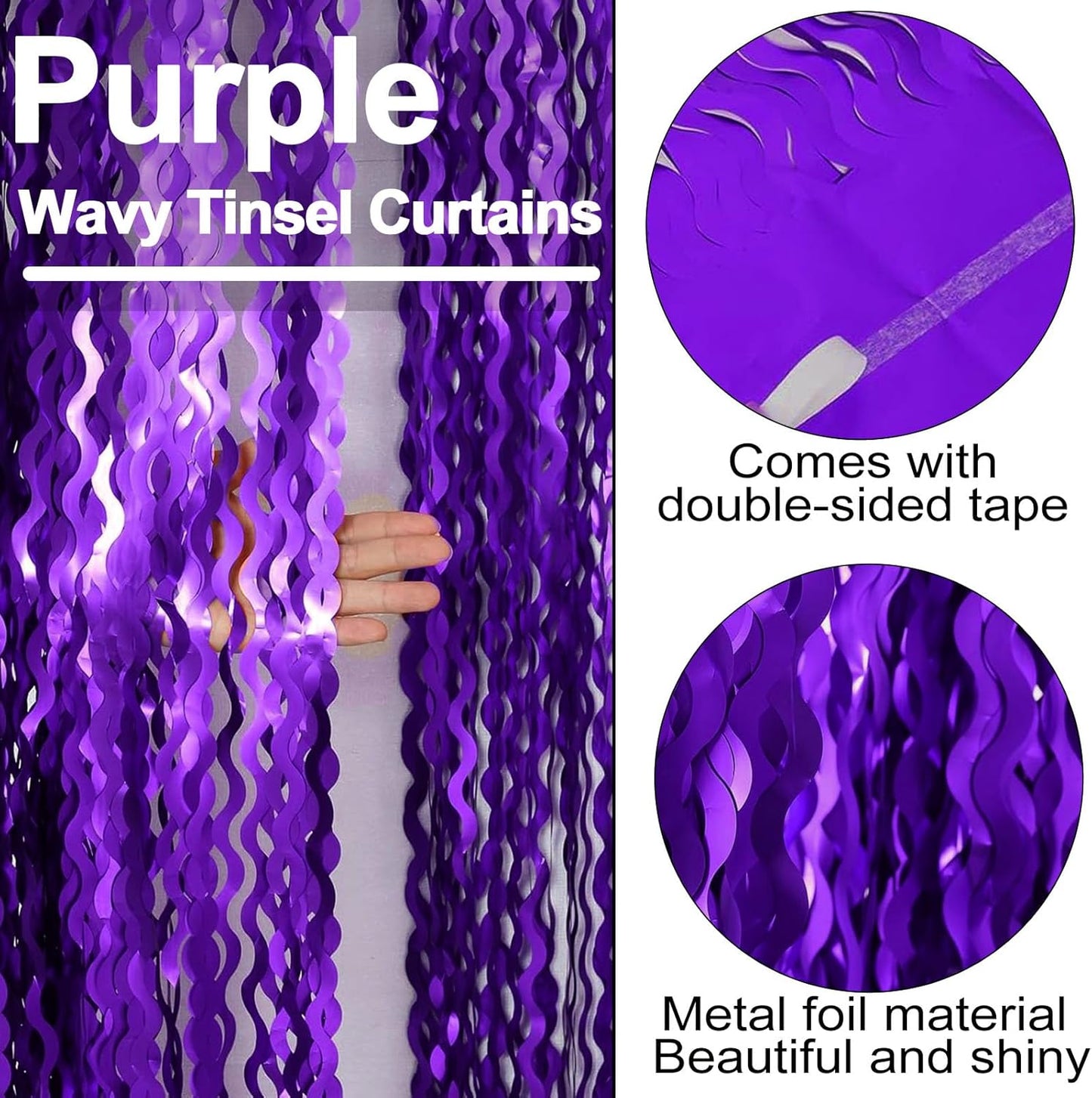 4 Pack Purple Fringe Curtain Backdrop 3.2Ft x 8.2Ft Metallic Tinsel Foil Fringe Streamers Background for Photo Booth Mother's Day, Easter, Carnival, Birthday, Wedding Party Decoration